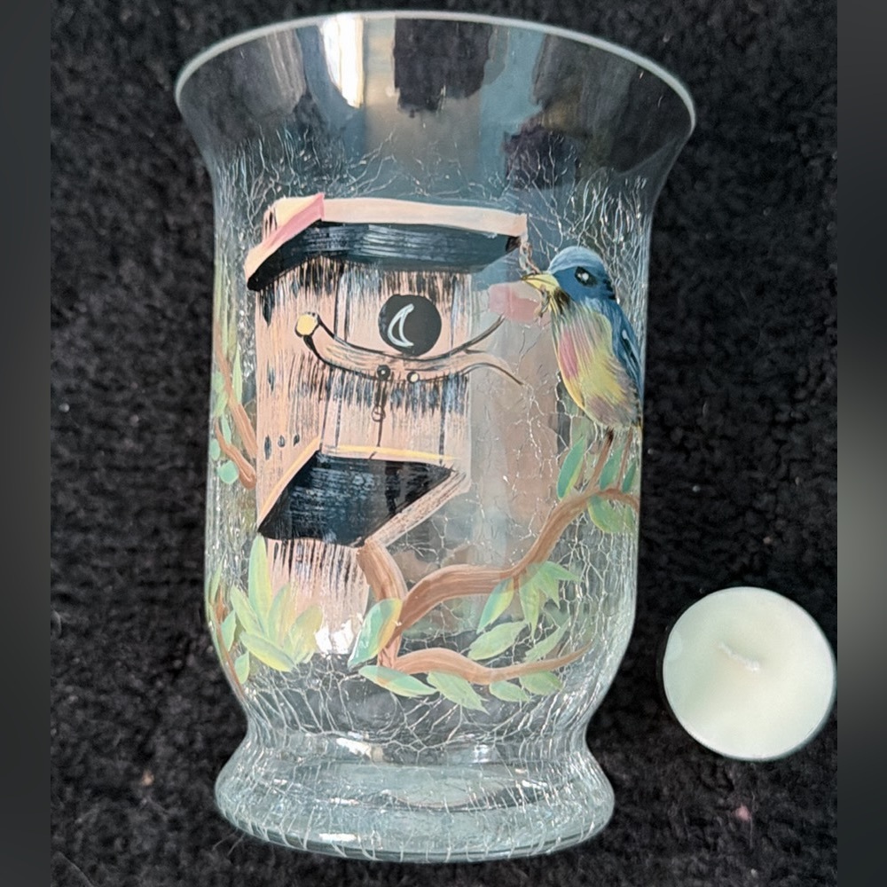 Hand-Painted Blue Bird Glass Candle Holder with Birdhouse Motif